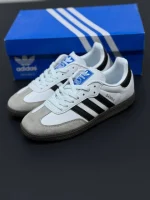کتونی آدیداس سامبا سفید مشکی با رویه چرم و زیره آدامسی