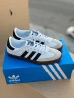 کتونی آدیداس سامبا سفید مشکی با رویه چرم و زیره آدامسی