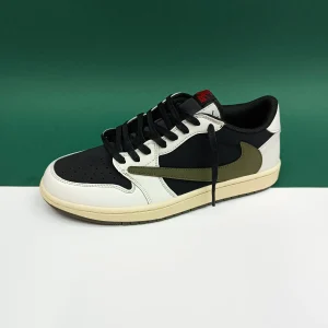 کتونی جردن 1 ترویس الیو با طراحی خاص، رنگ سبز زیتونی و جزئیات معکوس لوگوی نایک، مناسب برای استایل خیابانی.