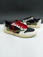 کتونی جردن 1 ترویس الیو با طراحی خاص، رنگ سبز زیتونی و جزئیات معکوس لوگوی نایک، مناسب برای استایل خیابانی.