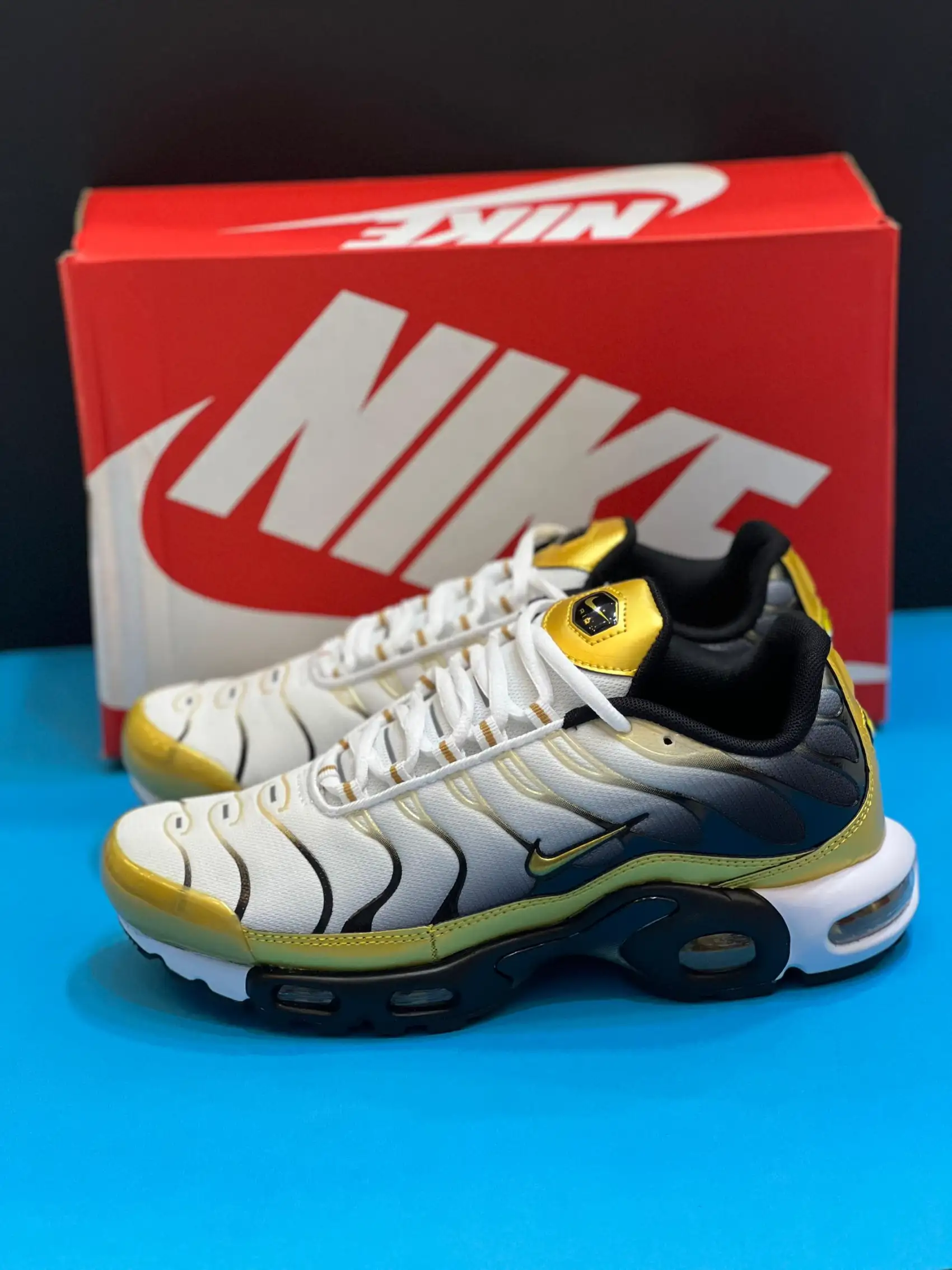Nike-Air-max-tn (19) کتونی نایکی تی ان ایرمکس پلاس پریمیوم 50سالگی مشکی و سفید با جزئیات طلایی در پسزمینه روشن
