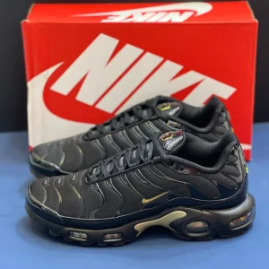 کتونی نایکی تی ان ایرمکس پلاس مشکی طلایی با مش و TPU در پس‌زمینه روشن